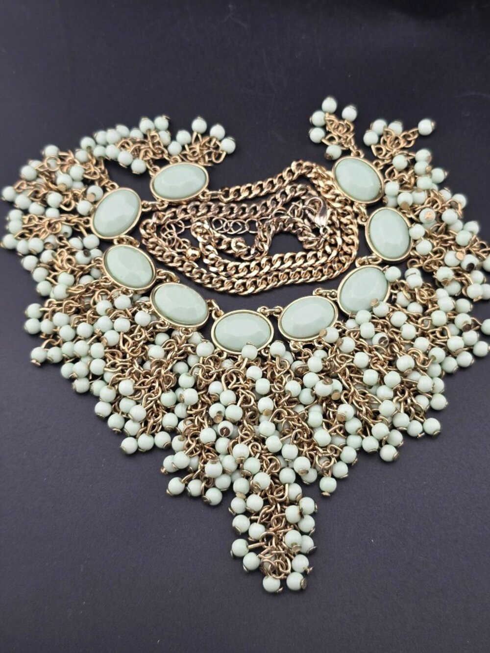 Mint Green Statement Necklace Gold Tone Chain Beaded Fringe Adjustable 21" - Picture 7 of 9